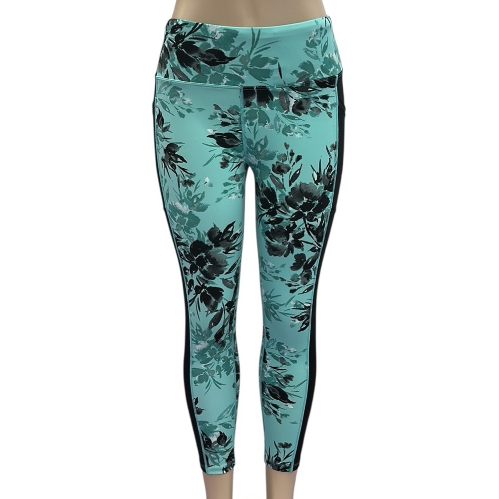 Lularoe Rise Brave Teal and Black Floral Print 3 Pocket Athletic Leggings Large